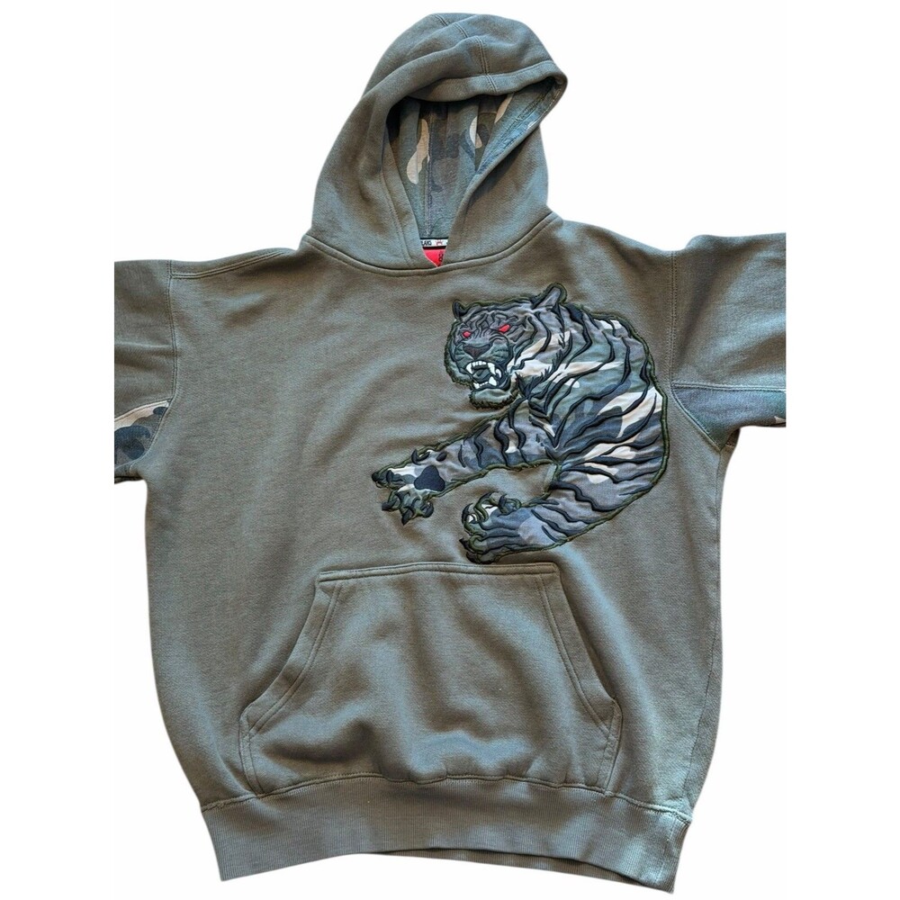 2000's Vintage JNCO Jeans Hoodie Tiger & Camo Small Streetwear Green Sweatshirt